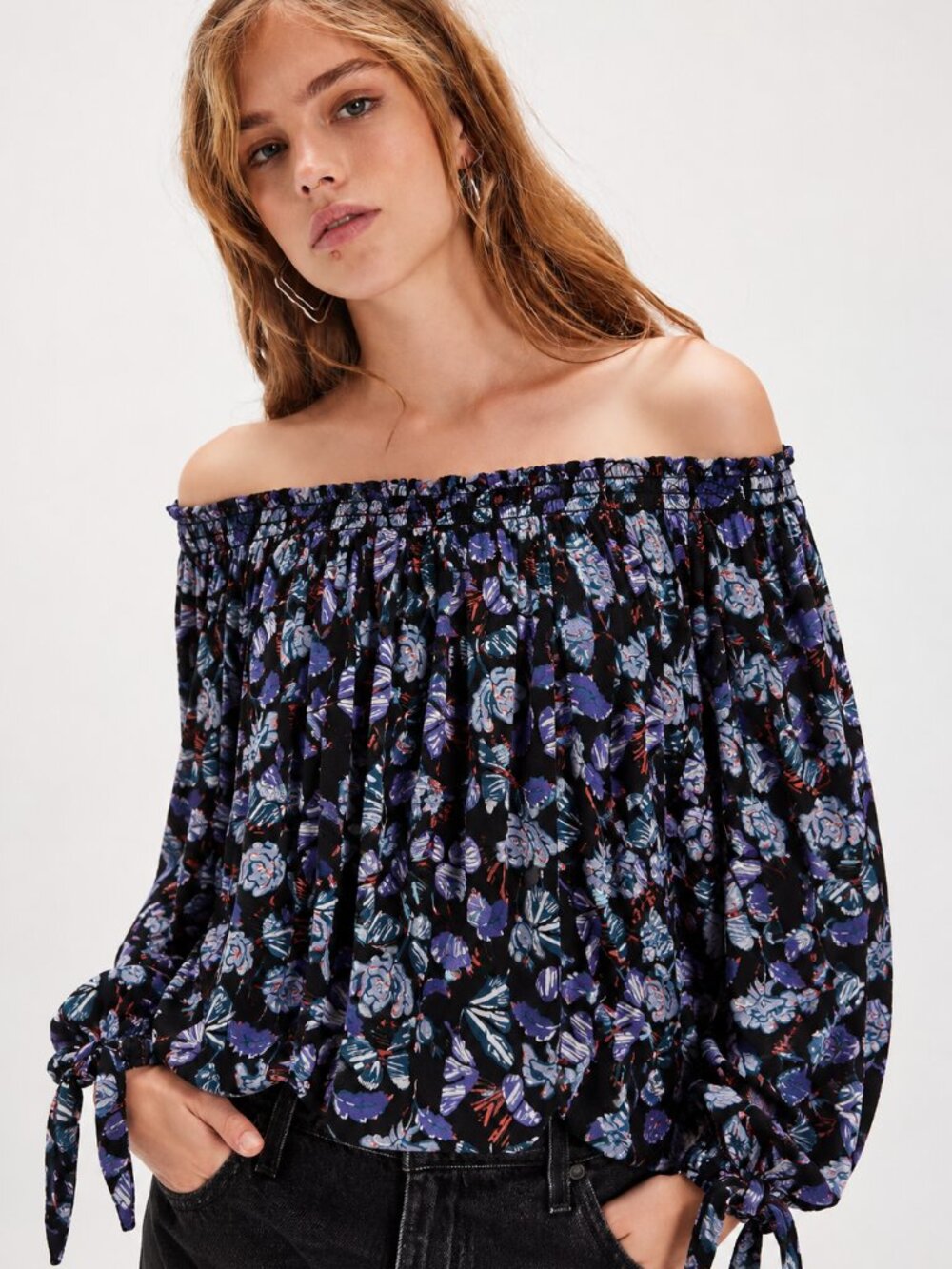Free People We The Free Floral Off Shoulder Peasant Blouse Tie Sleeve XS
